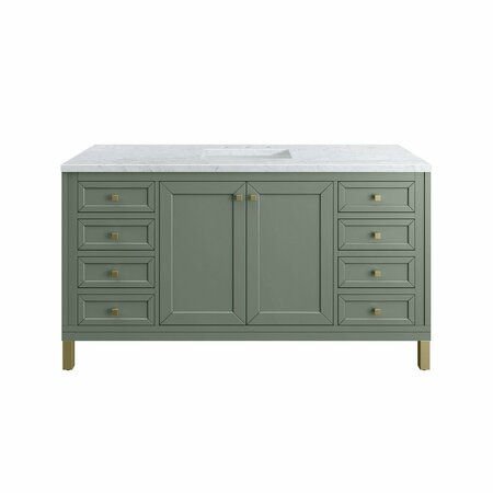 JAMES MARTIN VANITIES Chicago 60in Single Vanity, Smokey Celadon w/ 3 CM Carrara Marble Top 305-V60S-SC-3CAR